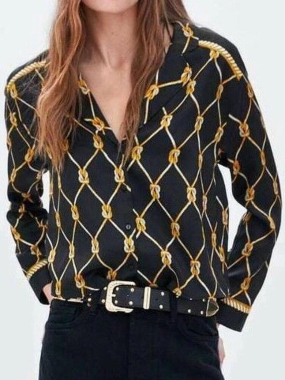 ZARA TRF Collection Black Gold Chain Print Satin Button Up Top